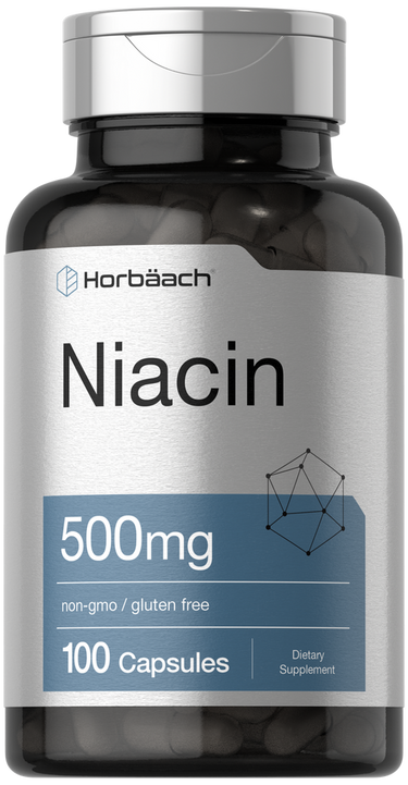 View 1 Niacin supplement bottle with 'Horbaach' branding on a white background