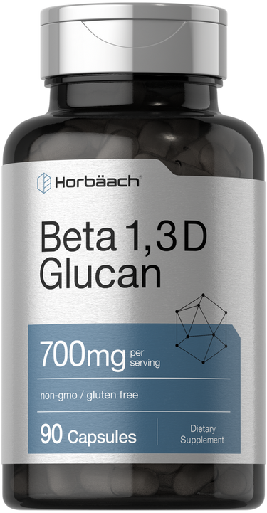 View 1 A bottle of Horbaach Beta 1,3D Glucan supplement containing 90 capsules, with a label indicating 700mg per serving, non-GMO and gluten-free.