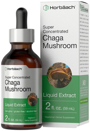 View 1 Horbaach Chaga Mushroom liquid extract bottle and packaging on a white background