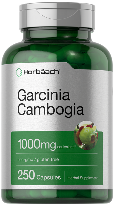 Green supplement bottle labeled 'Garcinia Cambogia' by Horbaach on a white background