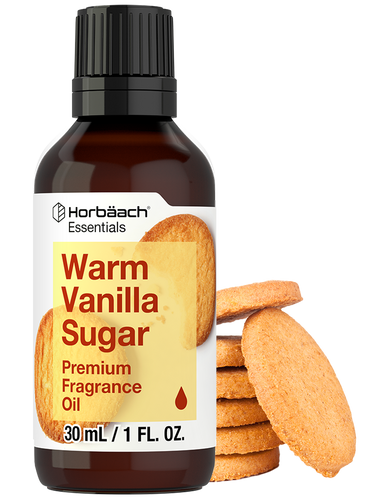 View 1 Bottle of Horbaach Warm Vanilla Sugar fragrance oil with cookies on a white background