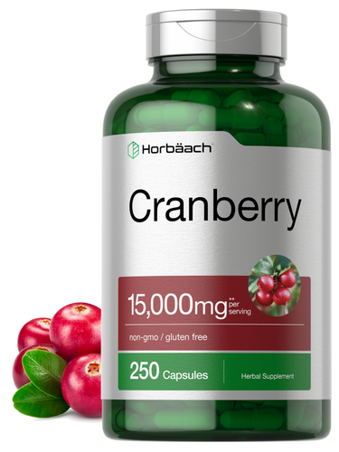 Supplement bottle labeled 'Cranberry' with cranberries on a white background