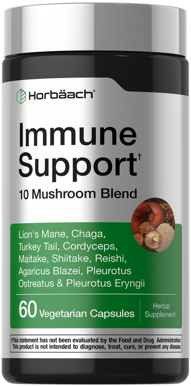 View 1 Hand holding a bottle of Immune Support 10 Mushroom Blend, containing 60 vegetarian capsules for wellness.