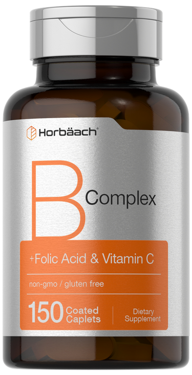 View 1 Horbaach B Complex supplement bottle with orange and silver label