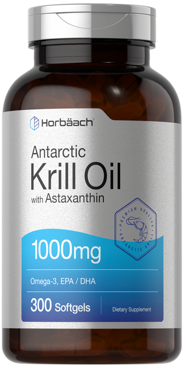 View 1 Horbaach Antarctic Krill Oil supplement bottle with label on a white background