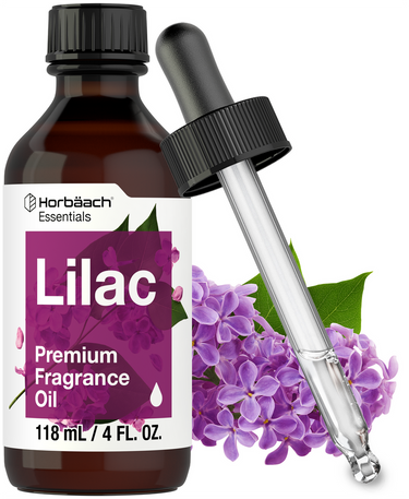View 1 Horbaach Lilac Premium Fragrance Oil bottle with dropper and lilac flowers on a white background