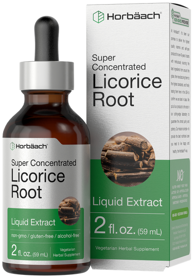 View 1 Horbaach Super Concentrated Licorice Root Liquid Extract bottle and packaging on a white background