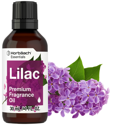 View 1 Bottle of Horbaach Lilac Premium Fragrance Oil with a cluster of lilac flowers on a white background