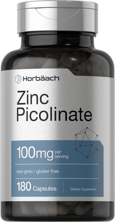 Supplement bottle labeled 'Zinc Picolinate' by Horbaach on a white background