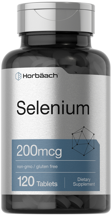 View 1 Horbaach Selenium supplement bottle with label on a clear background