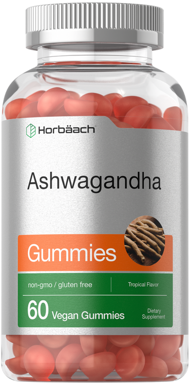 Bottle of Horbaach Ashwagandha Gummies with red gummies inside
