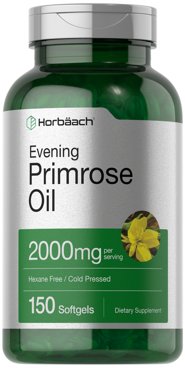 Bottle of Horbaach Evening Primrose Oil supplement on a white background