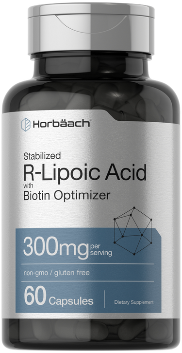Bottle of Horbaach R-Lipoic Acid supplement with a silver cap.
