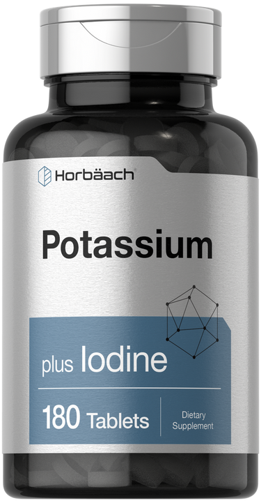 Supplement bottle labeled 'Potassium plus Iodine' by Horbaach on a white background