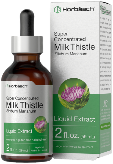 View 1 Horbaach Super Concentrated Milk Thistle Liquid Extract bottle and packaging.