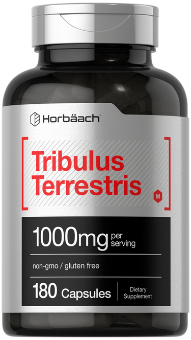 Supplement bottle labeled 'Tribulus Terrestris' with Horbaach branding on a white background