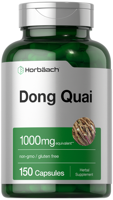 Green supplement bottle labeled 'Dong Quai' with Horbaach branding on a white background