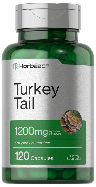 View 1 Green supplement bottle labeled 'Turkey Tail' by Horbaach on a white background