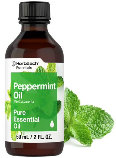 View 1 Bottle of peppermint essential oil with leaves on a white background