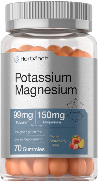 Bottle of Horbaach Potassium Magnesium gummies with peach and strawberry flavor on a white background