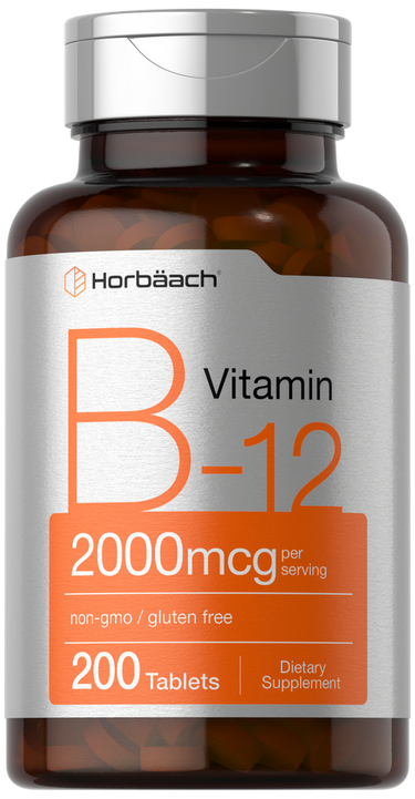 Vitamin B-12 supplement bottle with label on a white background