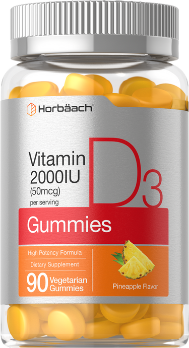 Vitamin D3 gummies packaging with yellow gummies and a silver lid.