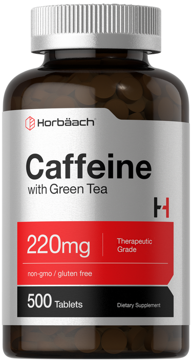View 1 Horbaach Caffeine with Green Tea supplement bottle on a white background