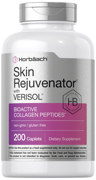 Supplement bottle labeled 'Skin Rejuvenator with Verisol' by Horbaach on a white background