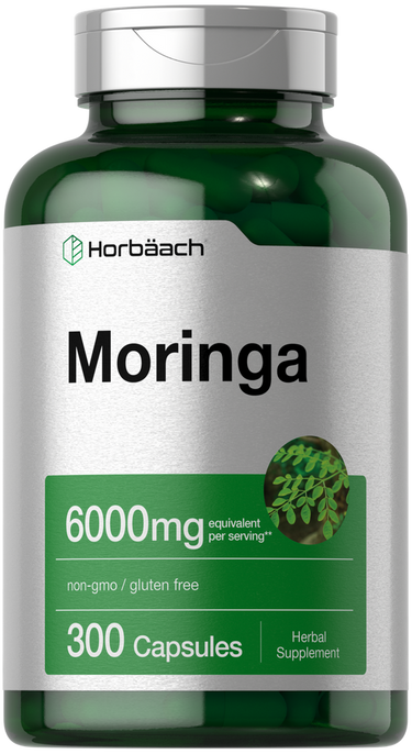 View 1 Bottle of Horbaach Moringa capsules with green and white label