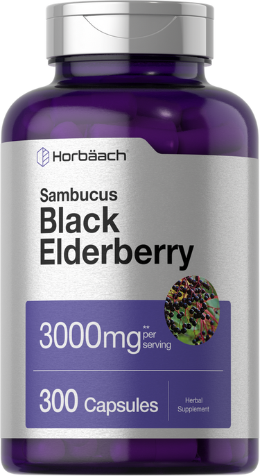 View 1 Purple supplement bottle labeled 'Horbäach Sambucus Black Elderberry' with text on a white background