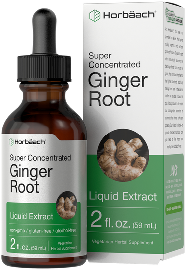 View 1 Horbaach Super Concentrated Ginger Root Liquid Extract bottle and packaging on a white background