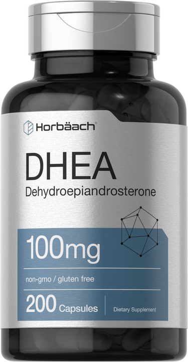 View 1 Horbaach DHEA supplement bottle with 100mg and 200 capsules on a white background