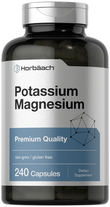 View 1 Supplement bottle labeled 'Potassium Magnesium' by Horbaach on a white background