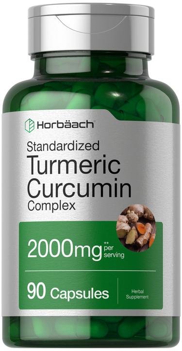 View 1 Green supplement bottle labeled 'Horbaach Standardized Turmeric Curcumin Complex' on a white background
