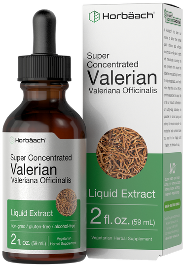 Super Concentrated Valerian Liquid Extract bottle and packaging by Horbaach on a white background