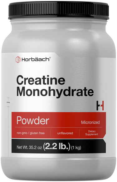 Horbaach Creatine Monohydrate Powder container with black lid and label.