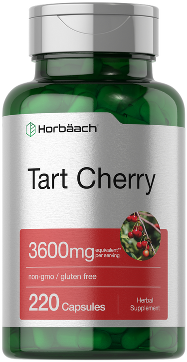 View 1 Green supplement bottle labeled 'Tart Cherry' with Horbaach branding on a white background