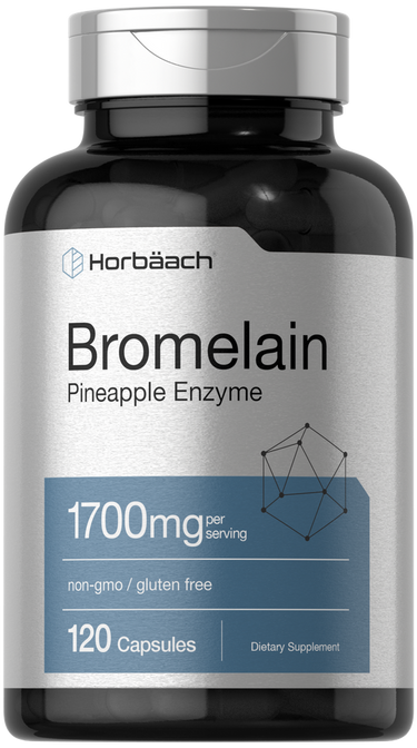 Bottle of Horbaach Bromelain supplement with black and silver design.