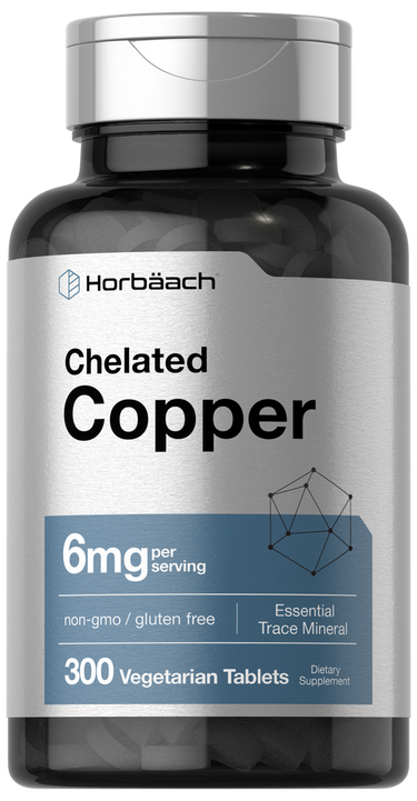Supplement bottle labeled 'Chelated Copper' by Horbaach on a white background