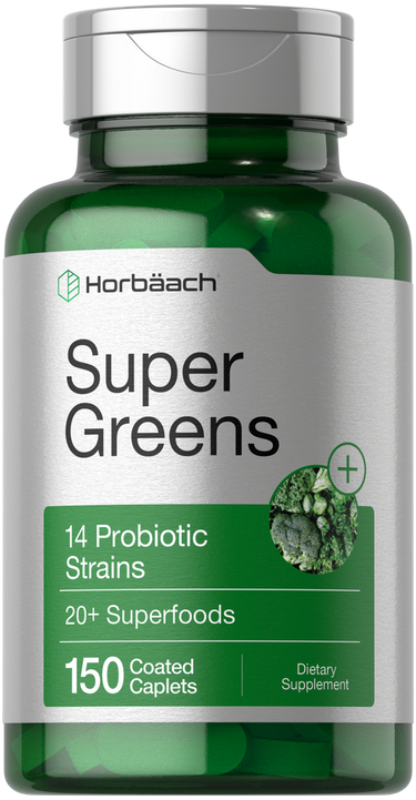 Green supplement bottle labeled 'Super Greens' with 'Horbaach' branding on a white background.