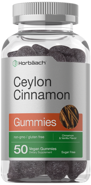 Bottle of Horbaach Ceylon Cinnamon Gummies with a clear container and visible gummies inside.