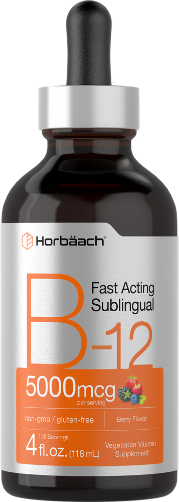 View 1 Horbaach B-12 supplement dropper bottle with orange label on a white background