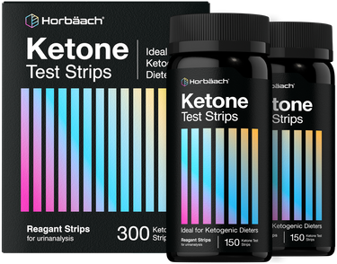 View 1 Horbaach Ketone Test Strips packaging with three bottles displayed.