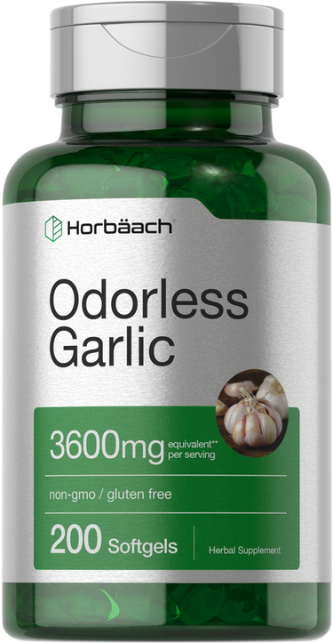 Green supplement bottle labeled 'Odorless Garlic' by Horbaach on a white background