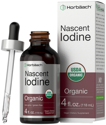 View 1 Horbaach Nascent Iodine supplement bottle and packaging on a white background