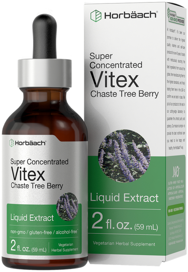 View 1 Packaging for Horbaach Super Concentrated Vitex Chaste Tree Berry Liquid Extract, 2 fl oz bottle with dropper, and product information on label.