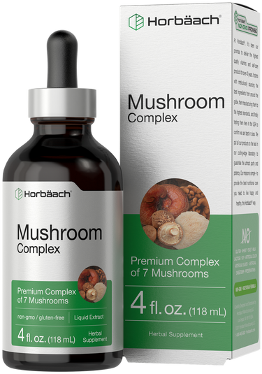 View 1 Horbaach Mushroom Complex supplement bottle and packaging on a white background