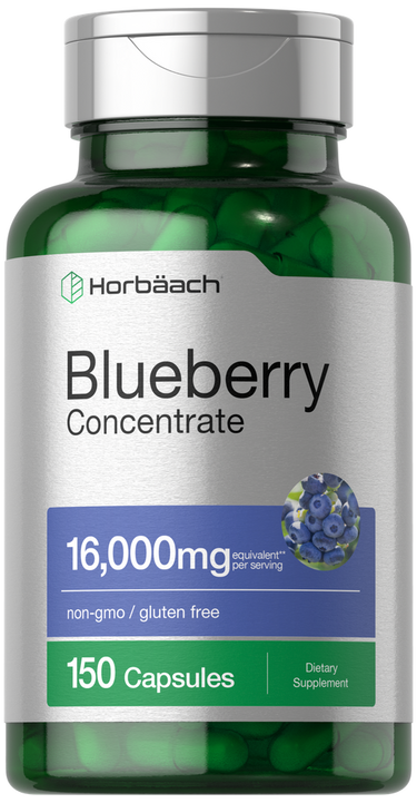 Green supplement bottle labeled 'Blueberry Concentrate' by Horbaach on a white background