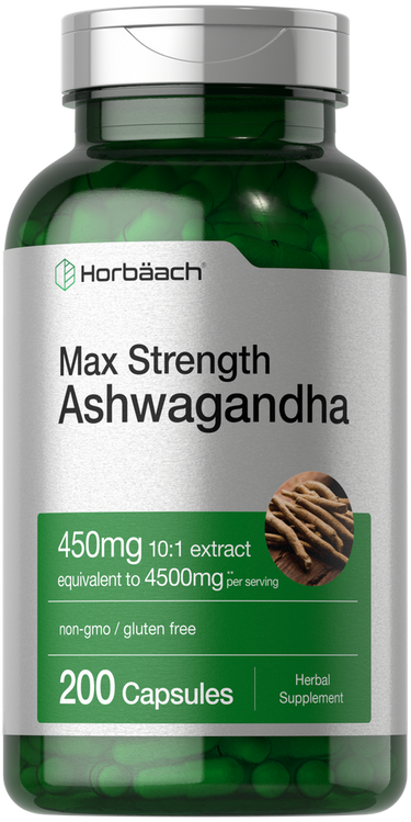 View 1 Green supplement bottle labeled 'Max Strength Ashwagandha' by Horbaach on a white background.