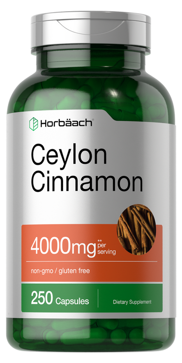 Supplement bottle of Ceylon Cinnamon by Horbaach on a white background